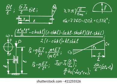 Physical equations on school board. Vector hand-drawn illustration.