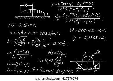 Physical equations on school board. Vector hand-drawn illustration. Education background.