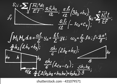 Physical equations on school board. Vector hand-drawn illustration. Education background.