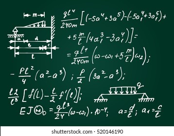 Physical equations on school board. Vector hand-drawn illustration. Education background.