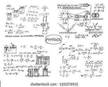 Physical equations on whiteboard. Vector hand-drawn illustration. Education and scientific set.