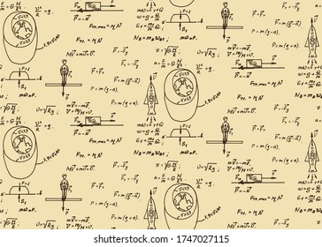 Physical equations in vintage notes of the abstract. The law of force of gravity. Vector hand-drawn illustration. Vintage scientific and educational background.