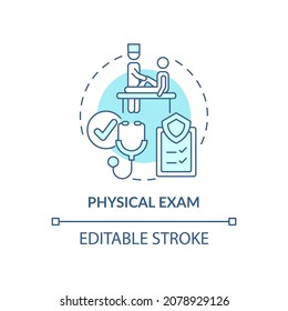 Physical Exam Blue Concept Icon. Annual Medical Examination Abstract Idea Thin Line Illustration. Medical Checkup. Healthcare. Clinical Exam. Vector Isolated Outline Color Drawing. Editable Stroke