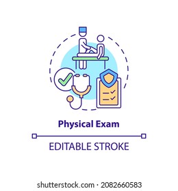 Physical Exam Concept Icon. Annual Medical Examination Abstract Idea Thin Line Illustration. Medical Checkup. Healthcare. Clinical Exam. Vector Isolated Outline Color Drawing. Editable Stroke