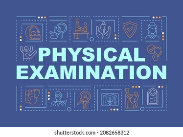 Physical exam word concepts banner. Medical checkup and testing. Infographics with linear icons on blue background. Isolated creative typography. Vector outline color illustration with text