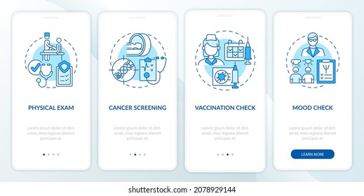Physical examination components blue onboarding mobile app page screen. Healthcare walkthrough 4 steps graphic instructions with concepts. UI, UX, GUI vector template with linear color illustrations