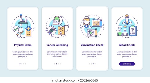Physical examination components onboarding mobile app page screen. Healthcare walkthrough 4 steps graphic instructions with concepts. UI, UX, GUI vector template with linear color illustrations