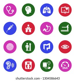 Physical Examination Icons. White Flat Design In Circle. Vector Illustration. 