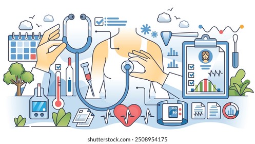 Exame físico e checkup de saúde do paciente esboçam o conceito de mãos. Diagnósticos cardíacos detalhados para doenças médicas ou ilustração vetorial de prevenção de doenças. Análise clínica do corpo para o bem-estar.