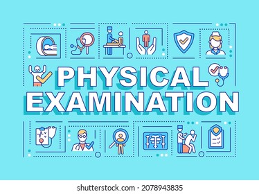 Physical examination word concepts banner. Medical checkup. Infographics with linear icons on blue background. Isolated creative typography. Vector outline color illustration with text