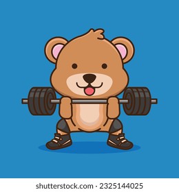 Physical exercise, Adorable and Cute Cartoon Bear Lifting Barbell. Weightlifting Muscles training with Barbell. Cartoon Vector Workout Icon Illustration, Gym Workout mascot,cute sticker, cartoon style