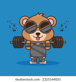 Physical exercise, Adorable and Cute Cartoon Bear Lifting Barbell. Weightlifting Muscles training with Barbell.Cartoon Vector Workout Icon Illustration, Gym Workout mascot, cute sticker, cartoon style