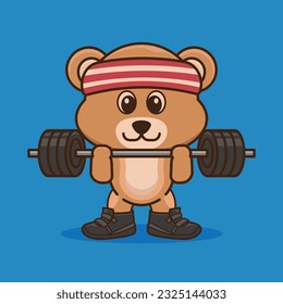 Physical exercise, Adorable and Cute Cartoon Bear Lifting Barbell. Weightlifting Muscles training with Barbell. Cartoon Vector Workout Icon Illustration, Gym Workout mascot,cute sticker, cartoon style