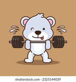 Physical exercise, Adorable and Cute Cartoon Bear Lifting Barbell. Weightlifting Muscles training with Barbell. Cartoon Vector Workout Icon Illustration, Gym Workout mascot,cute sticker, cartoon style