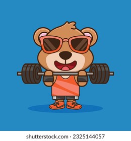 Ejercicio físico, Barbell de Levantamiento de Osos de Caricatura Adorable y Cuta. Entrenamiento en los músculos de la elevación de pesas con Barbell. Ilustración del icono de entrenamiento del vector de caricaturas, mascota de entrenamiento del gimnasio, pegatina linda, estilo de caricatura