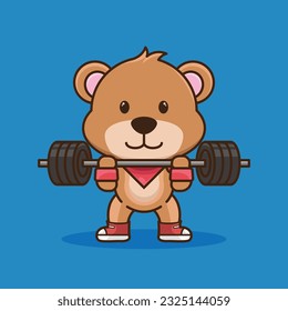 Physical exercise, Adorable and Cute Cartoon Bear Lifting Barbell. Weightlifting Muscles training with Barbell. Cartoon Vector Workout Icon Illustration, Gym Workout mascot,cute sticker, cartoon style