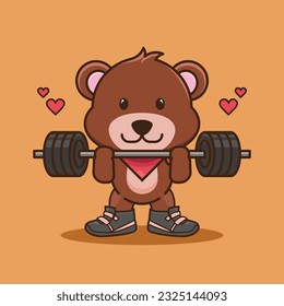 Physical exercise, Adorable and Cute Cartoon Bear Lifting Barbell. Weightlifting Muscles training with Barbell. Cartoon Vector Workout Icon Illustration, Gym Workout mascot,cute sticker, cartoon style