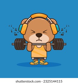 Physical exercise, Adorable and Cute Cartoon Bear Lifting Barbell. Weightlifting Muscles training with Barbell. Cartoon Vector Workout Icon Illustration, Gym Workout mascot,cute sticker, cartoon style