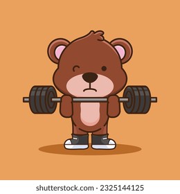 Physical exercise, Adorable and Cute Cartoon Bear Lifting Barbell. Weightlifting Muscles training with Barbell. Cartoon Vector Workout Icon Illustration, Gym Workout mascot,cute sticker, cartoon style