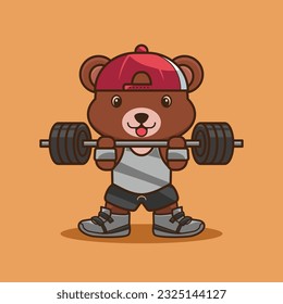 Physical exercise, Adorable and Cute Cartoon Bear Lifting Barbell. Weightlifting Muscles training with Barbell. Cartoon Vector Workout Icon Illustration, Gym Workout mascot,cute sticker, cartoon style