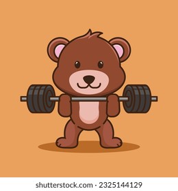 Ejercicio físico, Barbell de Levantamiento de Osos de Caricatura Adorable y Cuta. Entrenamiento en los músculos de la elevación de pesas con Barbell. Ilustración del icono de entrenamiento del vector de caricaturas, mascota de entrenamiento del gimnasio, pegatina linda, estilo de caricatura