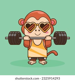 Physical exercise, Adorable, Cute Cartoon Monkey Lifting Barbell. Weightlifting Muscles training with Barbell. Cartoon Vector Workout Icon Illustration, Gym Workout mascot, cute sticker, cartoon style