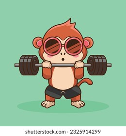 Physical exercise, Adorable, Cute Cartoon Monkey Lifting Barbell. Weightlifting Muscles training with Barbell. Cartoon Vector Workout Icon Illustration, Gym Workout mascot, cute sticker, cartoon style