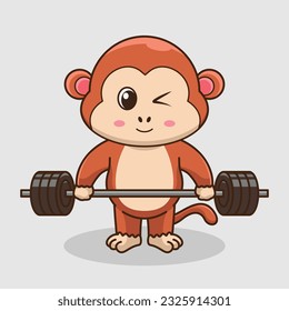 Physical exercise, Adorable, Cute Cartoon Monkey Lifting Barbell. Weightlifting Muscles training with Barbell. Cartoon Vector Workout Icon Illustration, Gym Workout mascot, cute sticker, cartoon style
