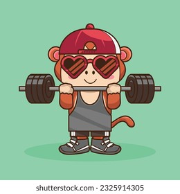 Physical exercise, Adorable, Cute Cartoon Monkey Lifting Barbell. Weightlifting Muscles training with Barbell. Cartoon Vector Workout Icon Illustration, Gym Workout mascot, cute sticker, cartoon style