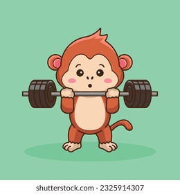 Physical exercise, Adorable, Cute Cartoon Monkey Lifting Barbell. Weightlifting Muscles training with Barbell. Cartoon Vector Workout Icon Illustration, Gym Workout mascot, cute sticker, cartoon style