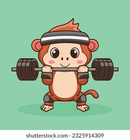 Physical exercise, Adorable, Cute Cartoon Monkey Lifting Barbell. Weightlifting Muscles training with Barbell. Cartoon Vector Workout Icon Illustration, Gym Workout mascot, cute sticker, cartoon style