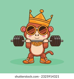 Physical exercise, Adorable, Cute Cartoon Monkey Lifting Barbell. Weightlifting Muscles training with Barbell. Cartoon Vector Workout Icon Illustration, Gym Workout mascot, cute sticker, cartoon style