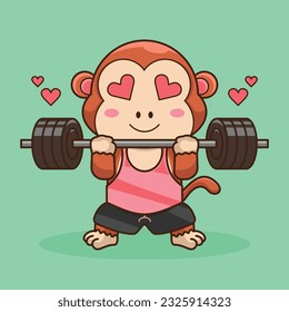 Physical exercise, Adorable, Cute Cartoon Monkey Lifting Barbell. Weightlifting Muscles training with Barbell. Cartoon Vector Workout Icon Illustration, Gym Workout mascot, cute sticker, cartoon style