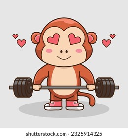 Physical exercise, Adorable, Cute Cartoon Monkey Lifting Barbell. Weightlifting Muscles training with Barbell. Cartoon Vector Workout Icon Illustration, Gym Workout mascot, cute sticker, cartoon style