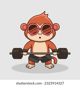 Physical exercise, Adorable, Cute Cartoon Monkey Lifting Barbell. Weightlifting Muscles training with Barbell. Cartoon Vector Workout Icon Illustration, Gym Workout mascot, cute sticker, cartoon style
