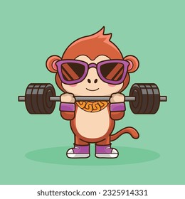 Physical exercise, Adorable, Cute Cartoon Monkey Lifting Barbell. Weightlifting Muscles training with Barbell. Cartoon Vector Workout Icon Illustration, Gym Workout mascot, cute sticker, cartoon style