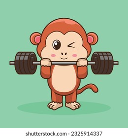 Physical exercise, Adorable, Cute Cartoon Monkey Lifting Barbell. Weightlifting Muscles training with Barbell. Cartoon Vector Workout Icon Illustration, Gym Workout mascot, cute sticker, cartoon style