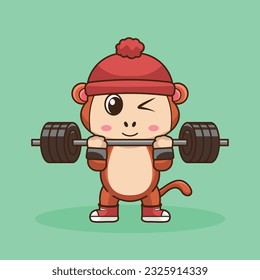 Physical exercise, Adorable, Cute Cartoon Monkey Lifting Barbell. Weightlifting Muscles training with Barbell. Cartoon Vector Workout Icon Illustration, Gym Workout mascot, cute sticker, cartoon style