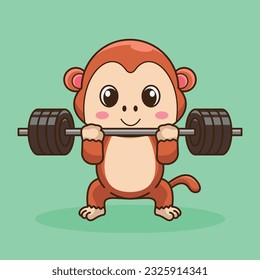 Physical exercise, Adorable, Cute Cartoon Monkey Lifting Barbell. Weightlifting Muscles training with Barbell. Cartoon Vector Workout Icon Illustration, Gym Workout mascot, cute sticker, cartoon style