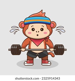 Körperliche Bewegung, Adorable, Cute Cartoon Affe Lifting Barbell. Gewichtsanstich Muskeln Training mit Barbell. Cartoon Vector Workout Illustration, Gym Workout Maskottchen, süßer Aufkleber, Cartoon-Stil