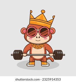 Physical exercise, Adorable, Cute Cartoon Monkey Lifting Barbell. Weightlifting Muscles training with Barbell. Cartoon Vector Workout Icon Illustration, Gym Workout mascot, cute sticker, cartoon style