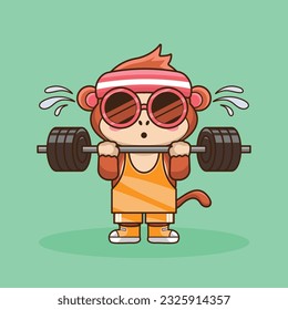 Physical exercise, Adorable, Cute Cartoon Monkey Lifting Barbell. Weightlifting Muscles training with Barbell. Cartoon Vector Workout Icon Illustration, Gym Workout mascot, cute sticker, cartoon style