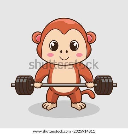 Physical exercise, Adorable, Cute Cartoon Monkey Lifting Barbell. Weightlifting Muscles training with Barbell. Cartoon Vector Workout Icon Illustration, Gym Workout mascot, cute sticker, cartoon style