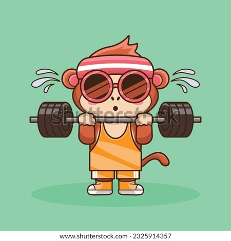 Physical exercise, Adorable, Cute Cartoon Monkey Lifting Barbell. Weightlifting Muscles training with Barbell. Cartoon Vector Workout Icon Illustration, Gym Workout mascot, cute sticker, cartoon style