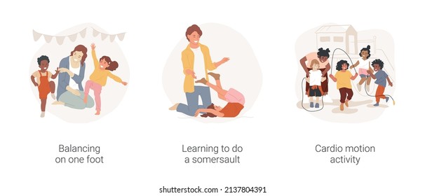 Physical exercise in kindergarten isolated cartoon vector illustration set. Balancing on one foot, learning to do a somersault, cardio motion activity, preschool fitness education vector cartoon.