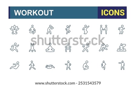 Physical exercise line icons related to workout, wellness, wellbeing, health, Activity, Sauna. Outline icon collection. Editable stroke. Vector illustration