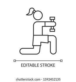 Physical exercise linear icon. Sport activity. Gym training. Workout with dumbbells. Fitness and aerobics. Thin line illustration. Contour symbol. Vector isolated outline drawing. Editable stroke