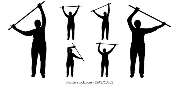 Physical exercise for older seniors. An elderly woman with a stick in her hands is engaged in gymnastics. Hands up with a gymnastic stick. Front view. Woman silhouette in black isolated on white.