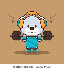 Physical exercise,Adorable and Cute Cartoon Bear Lifting Barbell. Weightlifting Muscles training with Barbell. Cartoon Vector Workout Icon Illustration, Gym Workout mascot, cute sticker, cartoon style
