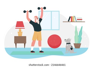 Ejercicios físicos de ancianos en casa. Entrenamiento activo y fuerte del abuelo con campanas de púas, ejercicio de peso de la ilustración plana de vectores de caracteres retirados. Longevidad, deporte, concepto de fitness